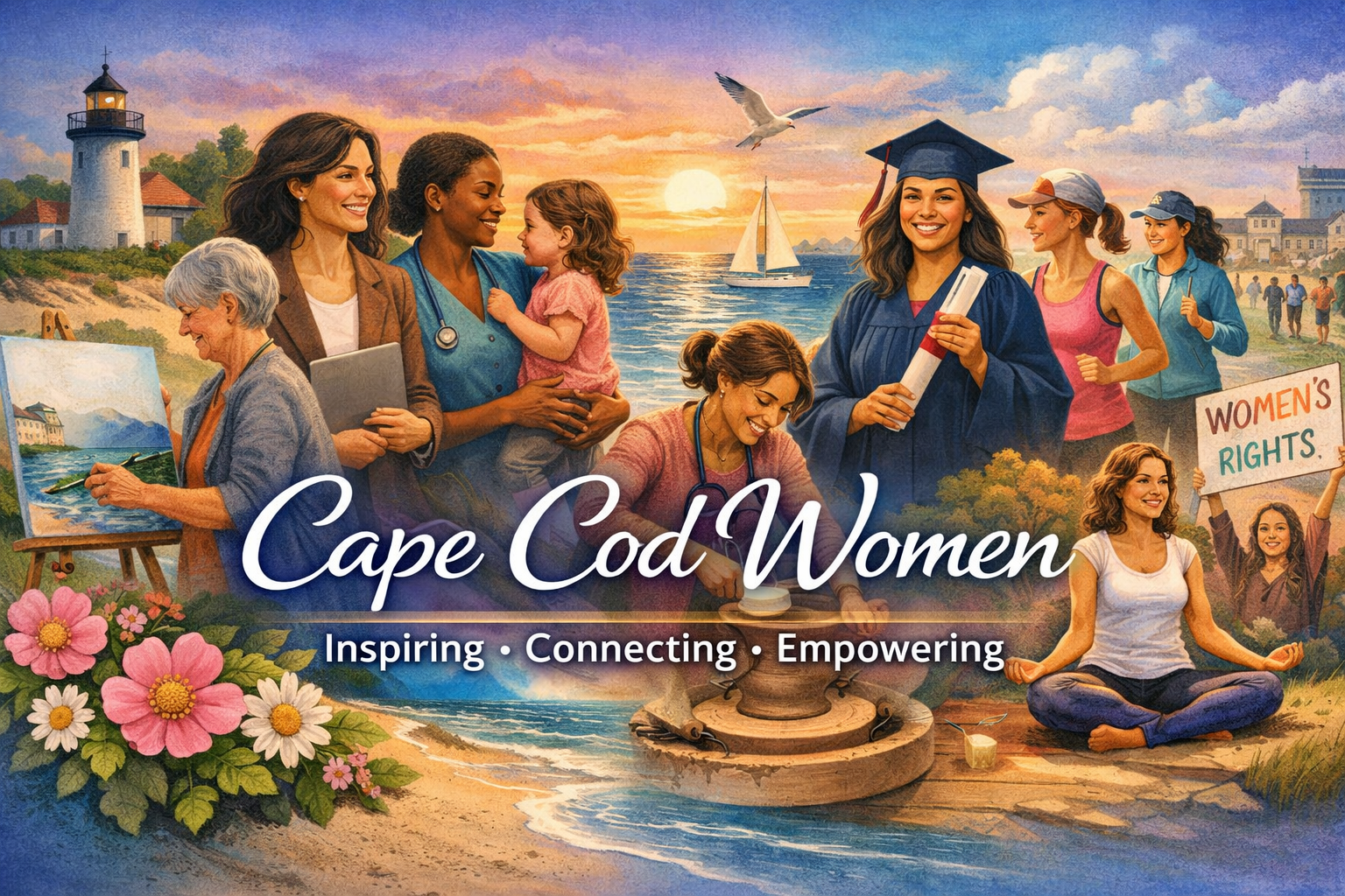 Cape Cod Women banner showing diverse women across many stages of life, including art, work, motherhood, education, wellness, activism, and community on Cape Cod.